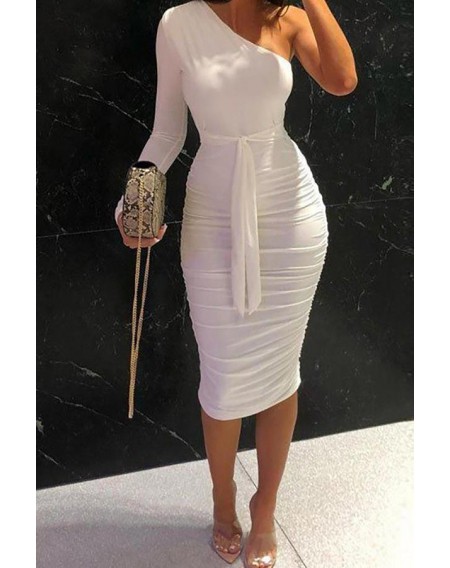 Lovely Casual One Shoulder Lace-up White Knee Length Dress