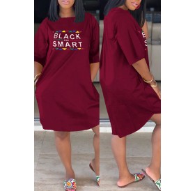 Lovely Casual Letter Printed Wine Red Knee Length Dress