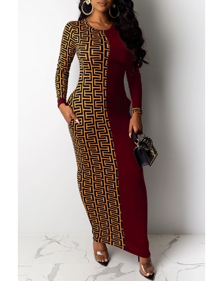 Lovely Casual Printed Wine Red Ankle Length Plus Size Dress