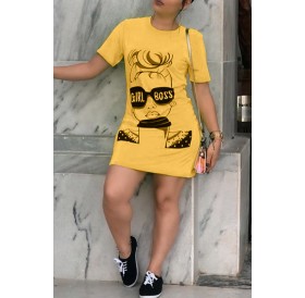 Lovely Casual O Neck Printed Yellow Mini Dress