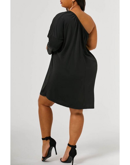 Lovely Casual One Shoulder Black Knee Length Plus Size Dress