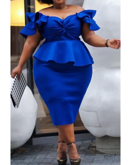 Lovely Trendy Ruffle Design Blue Mid Calf Dress