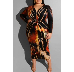 Lovely Casual Printed Red Mid Calf Plus Size Dress