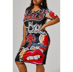 Lovely Casual Printed Black Knee Length Plus Size Dress