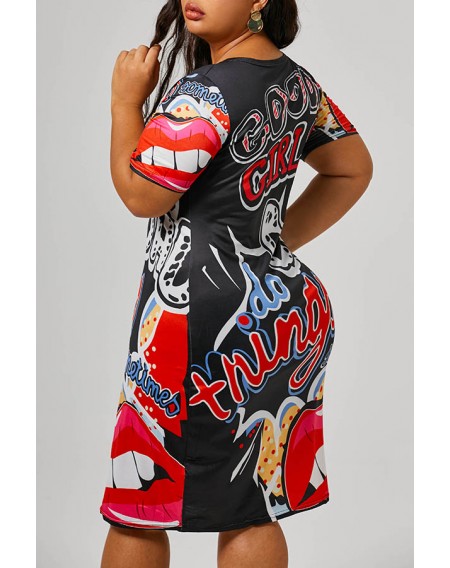 Lovely Casual Printed Black Knee Length Plus Size Dress