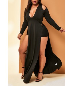 Lovely Casual V Neck Side High Slit Black Floor Length Plus Size Dress