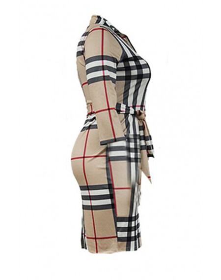 Lovely Casual Turndown Collar Printed Khaki Knee Length Plus Size Dress