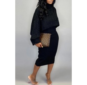 Lovely Casual Turtleneck Black Two-piece Skirt Set