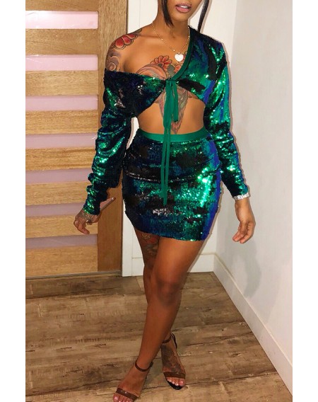 Lovely Sexy V Neck Sequined Green Two-piece Skirt Set