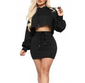 Lovely Casual Hooded Collar Crop Top Black Two-piece Skirt Set