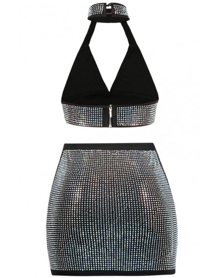 Lovely Sexy Sleeveless Rhinestone Decorative Black Two-piece Skirt Set