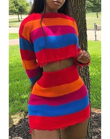 Lovely Casual Striped Multicolor Two-piece Skirt Set