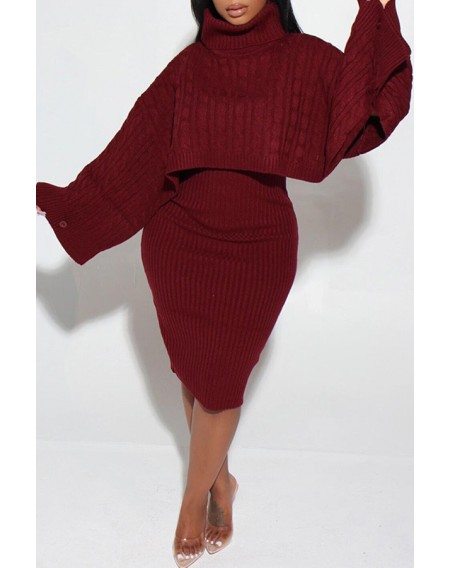 Lovely Casual Turtleneck Red Two-piece Skirt Set