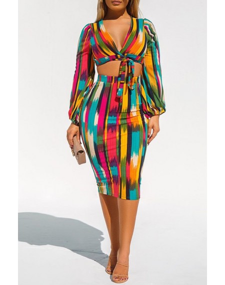 Lovely Casual Crop Top Printed Multicolor Two-piece Skirt Set