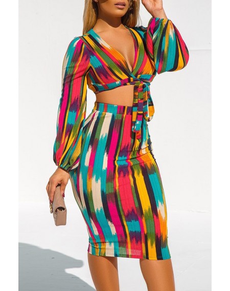 Lovely Casual Crop Top Printed Multicolor Two-piece Skirt Set