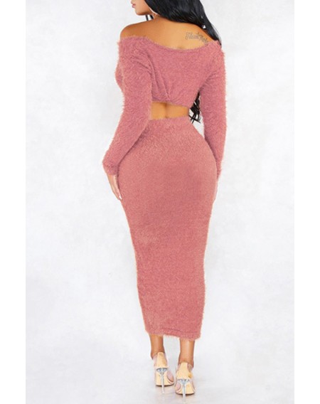 Lovely Trendy V Neck Skinny Pink Two-piece Skirt Set