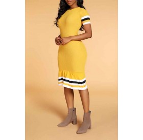 Lovely Chic Striped Yellow Knee Length Dress