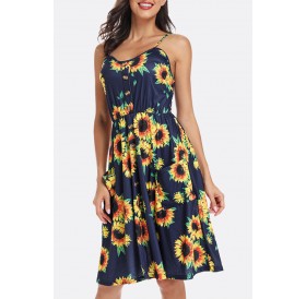 Lovely Casual Spaghetti Straps Sunflower Printed Deep Blue Knee Length A Line Dress