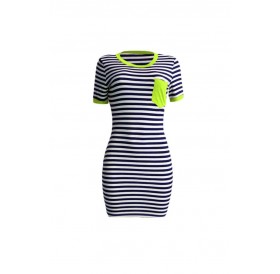Lovely Casual O Neck Striped Patchwork Green Mini Dress