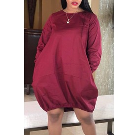 Lovely Trendy O Neck Loose Wine Red Knee Length Dress