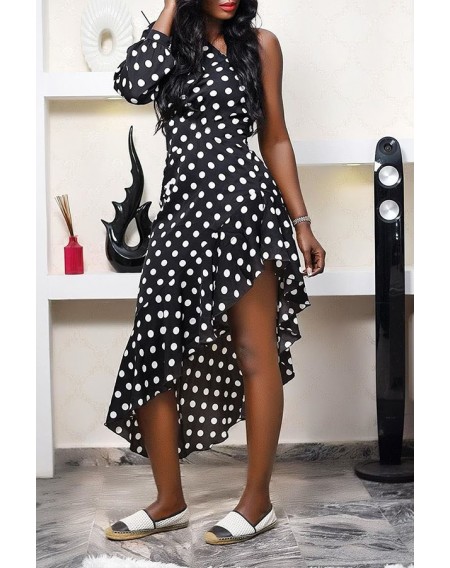 Lovely Sweet Asymmetrical Dot Black Mid Calf Dress