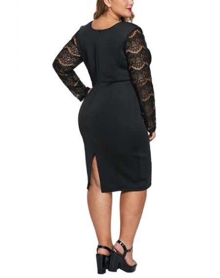 Plus Size V Neck Peplum Evening Dress Black