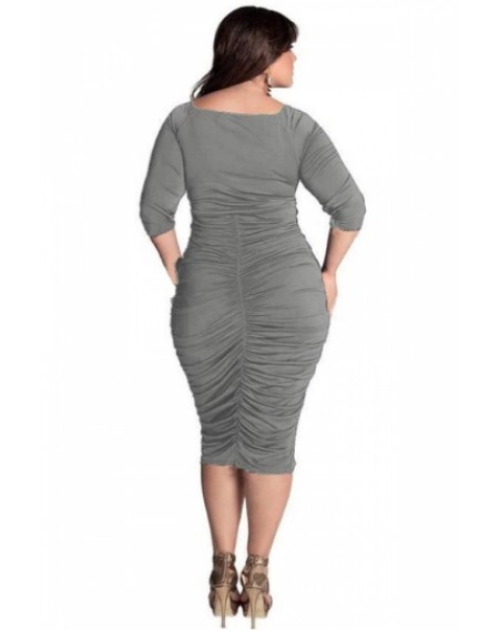 Plus Size Plain Wrap V Neck Ruched Empire Waist Midi Bodycon Dress Gray