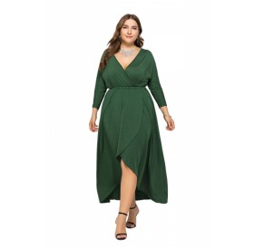 Elegant Plus Size V Neck 3/8 Sleeve Wrap Plain Maxi Dress Green