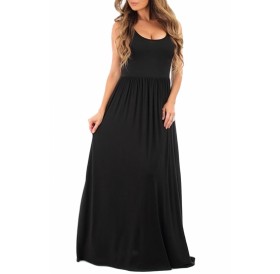 Plus Size Scoop Neck Plain Sleeveless Pleated Maxi Dress Black