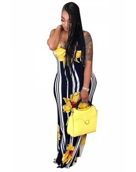 Plus Size Scoop Neck Striped Floral Print Maxi Dress Yellow