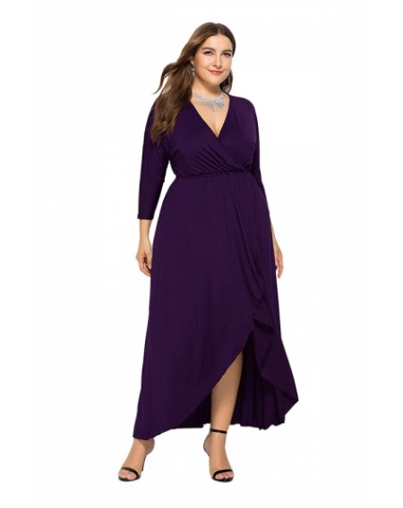 Elegant Plus Size V Neck 3/5 Sleeve Wrap Plain Maxi Dress Purple