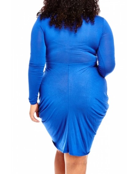 Sexy Deep V Neck Long Sleeve Plus Size Club Dress Blue