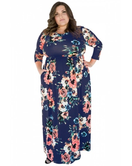 Womens Plus Size Floral Printed Tunic Long Sleeve Maxi Dress Navy Blue