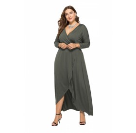 Elegant Plus Size V Neck 3/10 Sleeve Wrap Plain Maxi Dress Gray