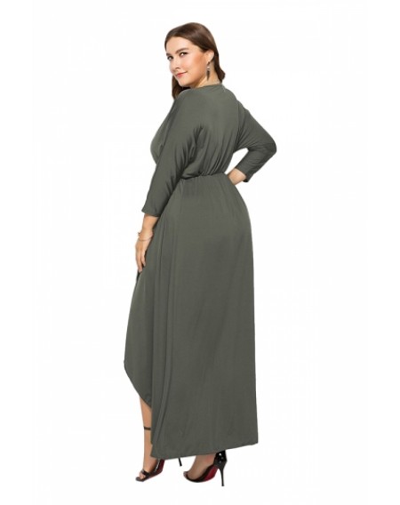 Elegant Plus Size V Neck 3/10 Sleeve Wrap Plain Maxi Dress Gray