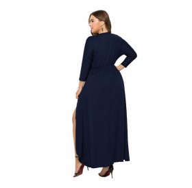Elegant Plus Size V Neck 3/7 Sleeve Wrap Plain Maxi Dress Navy Blue