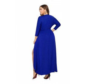 Elegant Plus Size V Neck 3/9 Sleeve Wrap Plain Maxi Dress Sapphire Blue