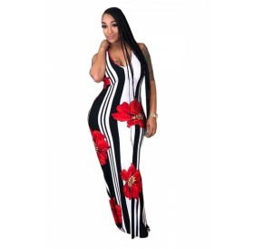 Plus Size Scoop Neck Striped Floral Print Maxi Dress Red
