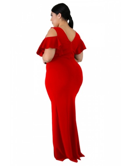 Plus Size V Neck Cut Out Split Plain Maxi Evening Dress Red