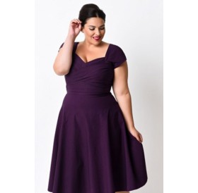 Cheap Plus Size Short Sleeve Empire Waist Swing Dresses Purple