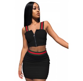 Sexy Plus Size Zip Up Crop Top&Mini Skirt Bodycon Two-Piece Dress Black