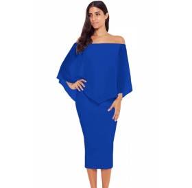 Elegant Off Shoulder Mesh Plain Bodycon Midi Evening Dress Blue