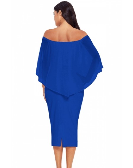 Elegant Off Shoulder Mesh Plain Bodycon Midi Evening Dress Blue