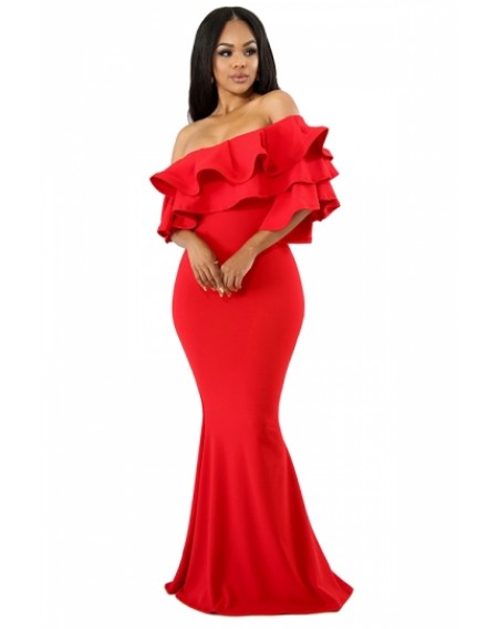 Sexy Off Shoulder Ruffle Bodycon Plain Maxi Mermaid Evening Dress Red
