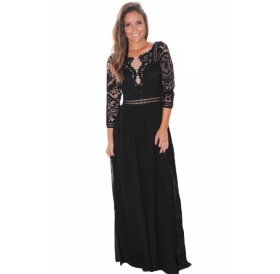 Womens Elegant Crochet Quarter Sleeve Lace Maxi Evening Dress Black