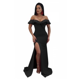 Womens Sexy Off Shoulder Ruffle Collar Side Slit Maxi Dress Black