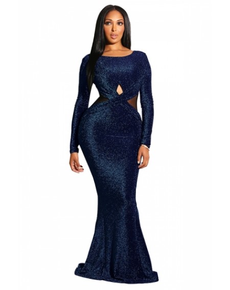 Elegant Long Sleeve Backless Keyhole Mermaid Evening Dress Navy Blue