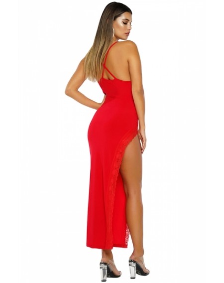 Spaghetti Straps High Split Side Lace Trim Plain Evening Dress Red