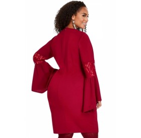 Plus Size V Neck Lace Bell Sleeve Plain Sheath Evening Dress Red