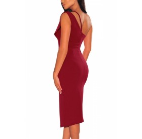 Asymmetrical Shoulder Split Bodycon Evening Dress Ruby
